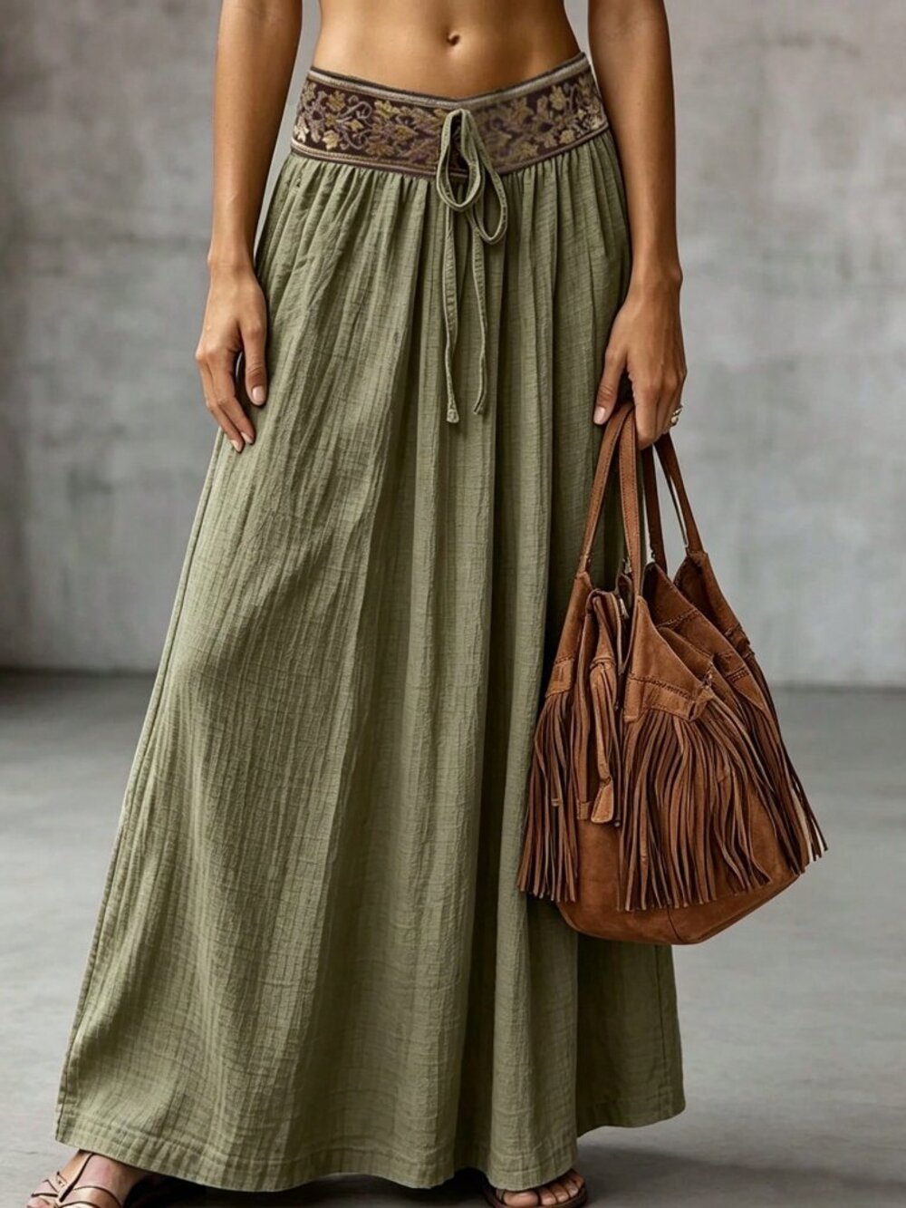 Green Casual Women's Wavy Pleated Embroidered Floral Skirt